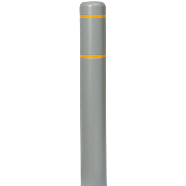 A grey cylindrical Innoplast BollardGard with yellow stripes.