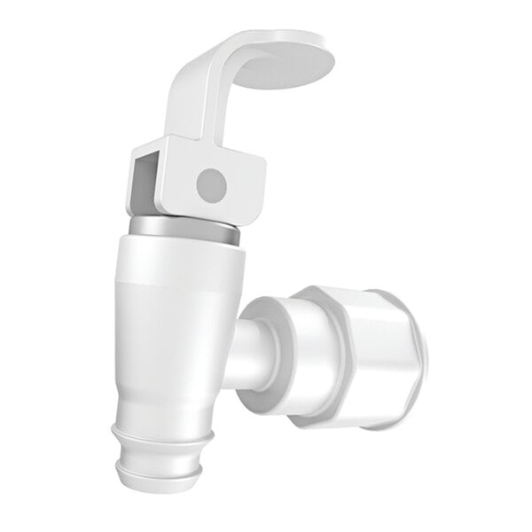 A white plastic Justrite spigot with a metal handle.