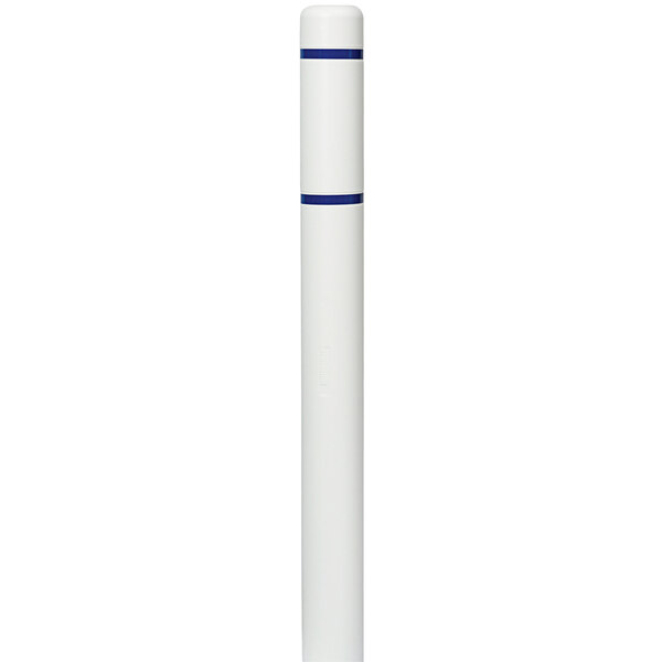 A white Innoplast BollardGard with blue reflective stripes covering a bollard.