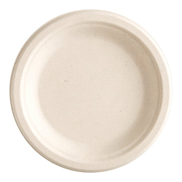 A white EcoChoice bagasse plate with a white background.