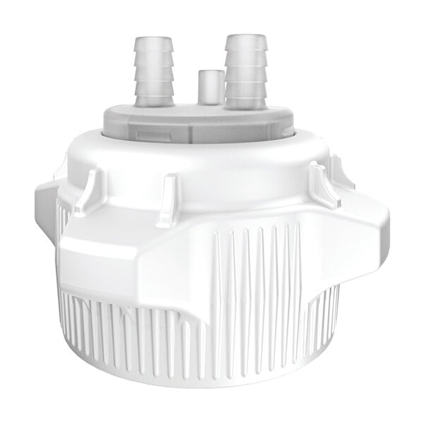 A white plastic Justrite carboy cap with two plastic tubes.