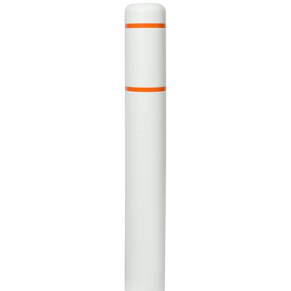 A white cylindrical Innoplast BollardGard with orange stripes.