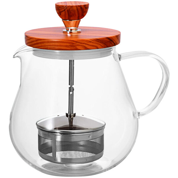 A Hario glass teapot with a wooden lid and handle.