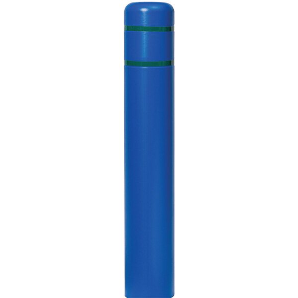 A blue cylindrical Innoplast BollardGard cover with green reflective stripes on it.