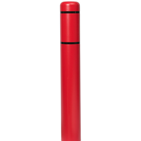 A red cylindrical Innoplast bollard cover with black stripes.