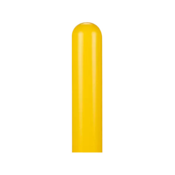 A yellow cylindrical Innoplast BollardGard cover with black stripes on a white background.