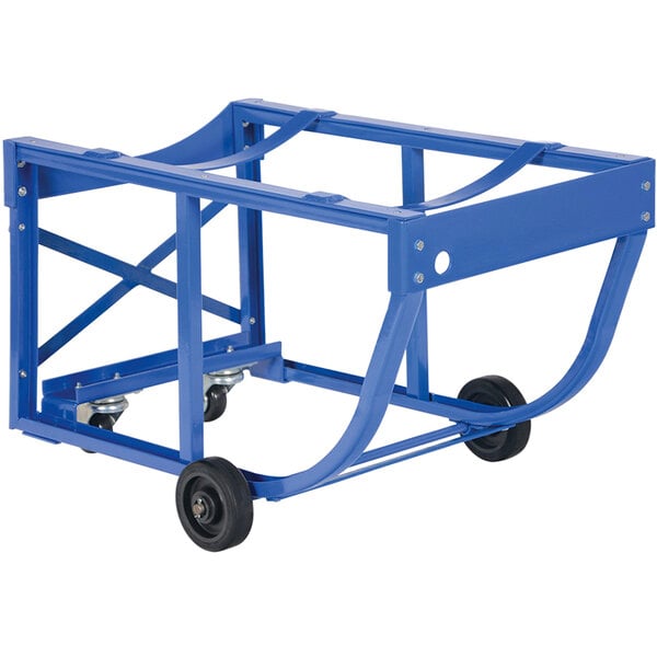 A blue metal Vestil economy steel drum cart with wheels.