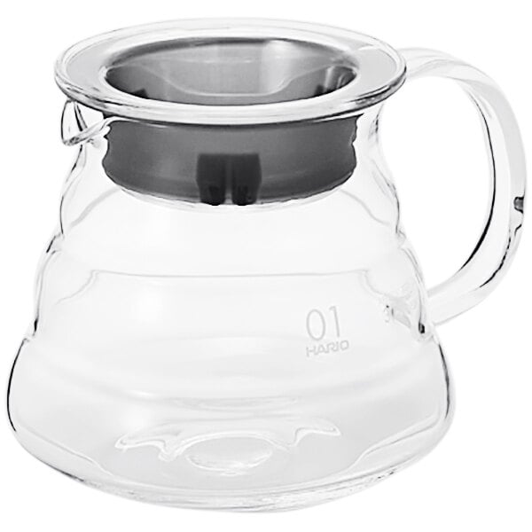 A clear glass Hario V60 coffee server with a black lid and handle.
