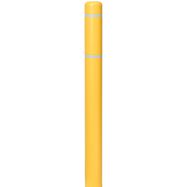 A yellow Innoplast BollardGard bollard cover with white reflective stripes.