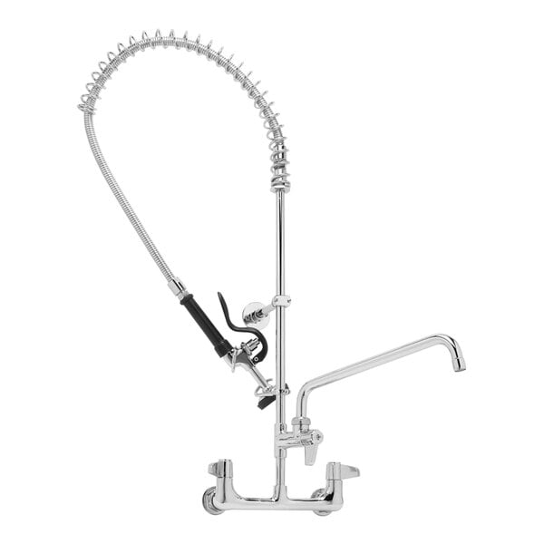 A chrome Equip by T&S wall mounted pre-rinse faucet with a curved hose.