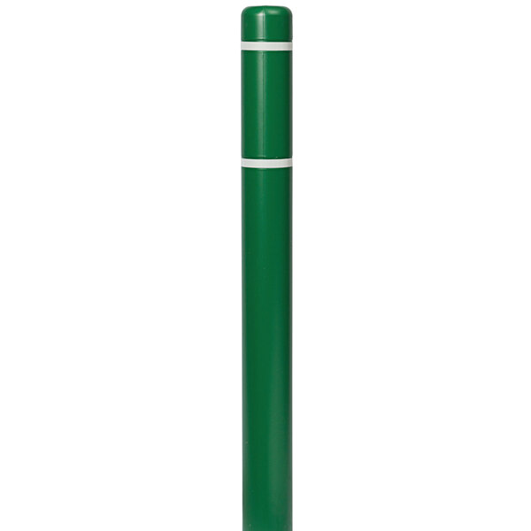 A green cylindrical bollard cover with white stripes.