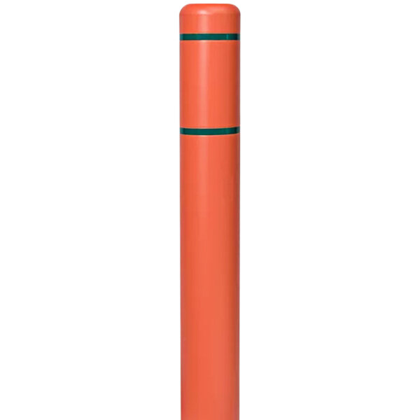 An Innoplast orange bollard cover with green reflective stripes.