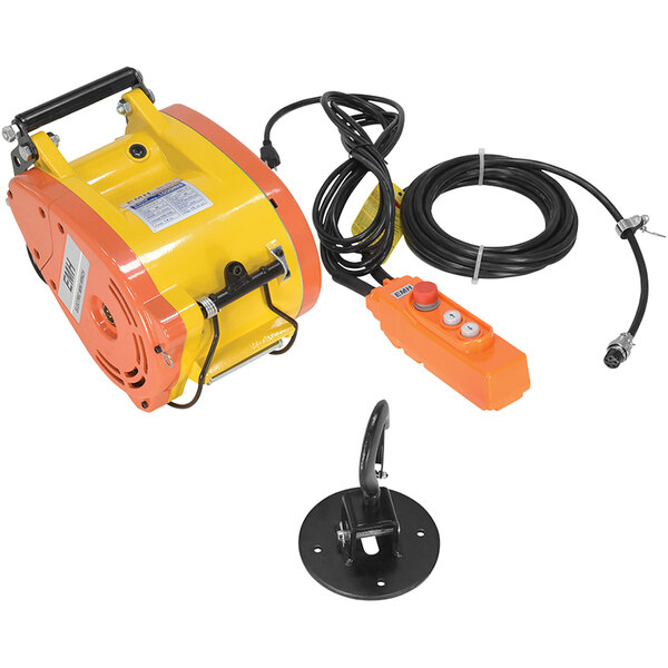 A yellow and orange Vestil electric mini cable hoist with a black cable.