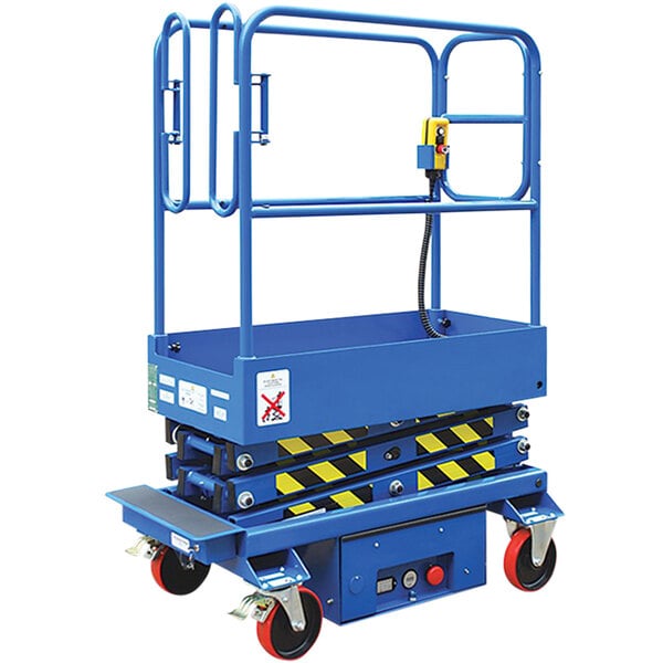 A blue Vestil electric scissor lift cart with a blue metal frame.