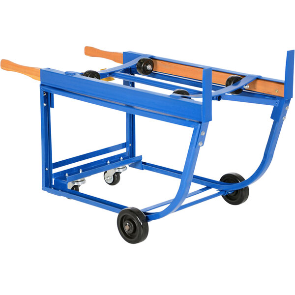 A blue metal Vestil Deluxe steel rotating drum cart with black wheels.