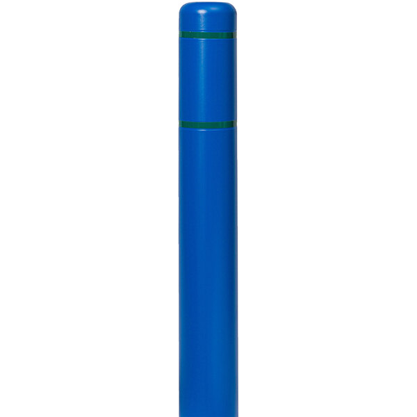 A blue cylindrical Innoplast BollardGard with green reflective stripes.