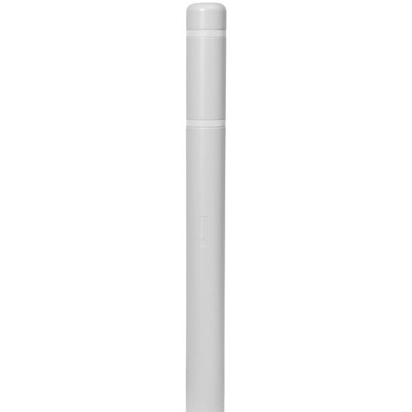 A white bollard cover with white reflective stripes.