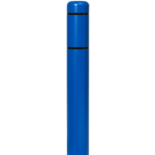 A blue cylindrical Innoplast BollardGard with black stripes and a black cap.