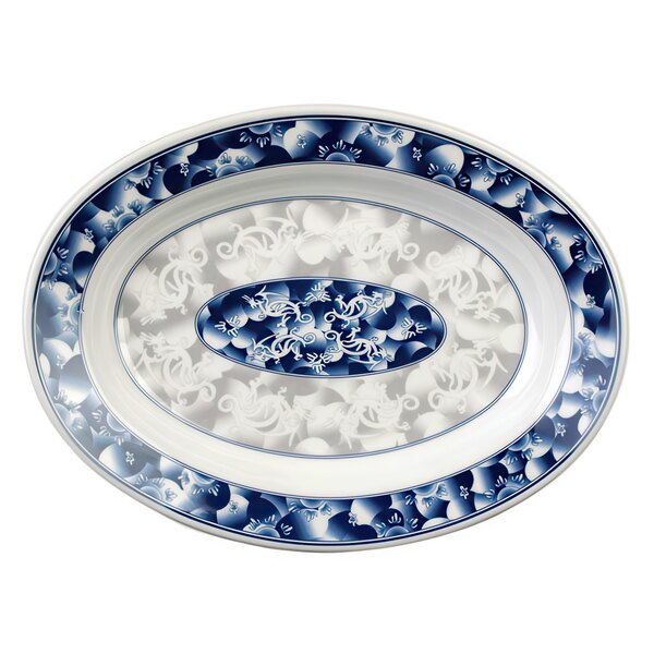 A blue and white Thunder Group Blue Dragon melamine oval platter.
