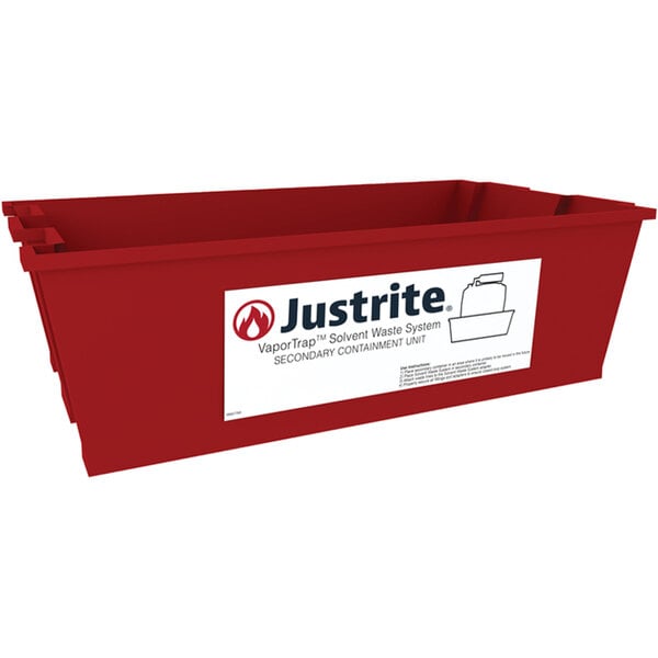 A red Justrite plastic spill basin.