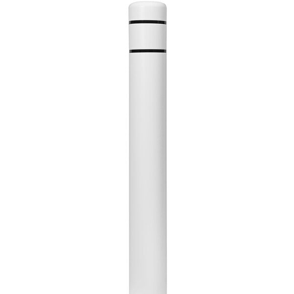 A white cylindrical bollard cover with black stripes.