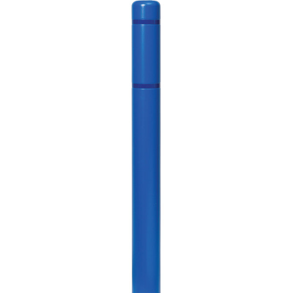 An Innoplast blue bollard cover with blue reflective stripes on a white background.