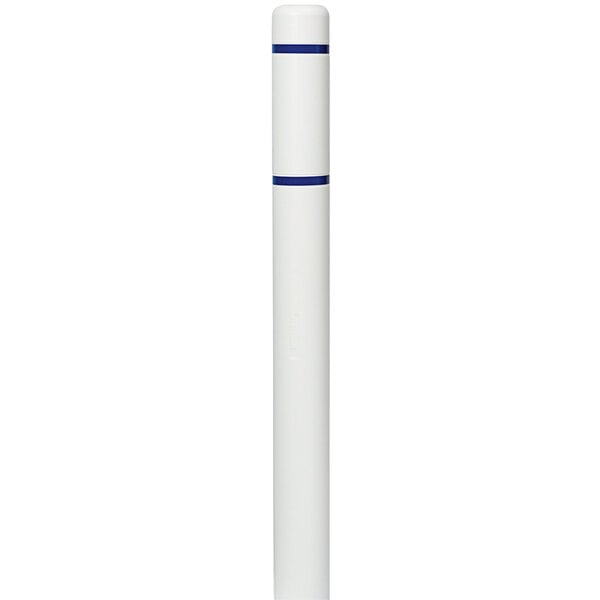 A white Innoplast bollard cover with blue reflective stripes covering a white bollard.