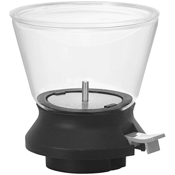 A black and clear glass tea dripper with a plastic lid.