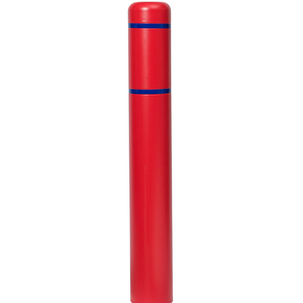 A red cylindrical Innoplast BollardGard cover with blue reflective stripes.