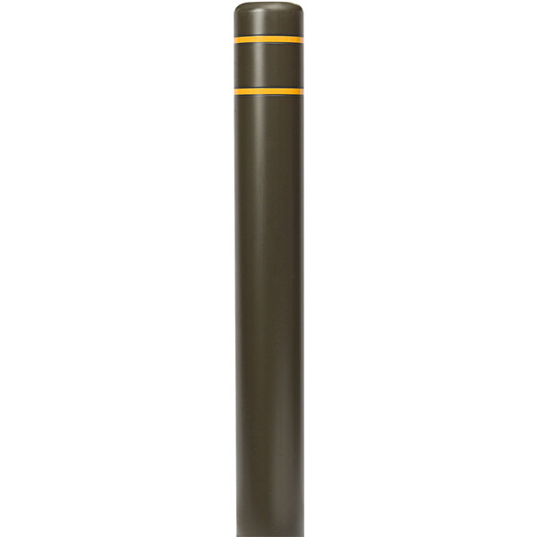 A brown Innoplast bollard cover with yellow stripes on it.