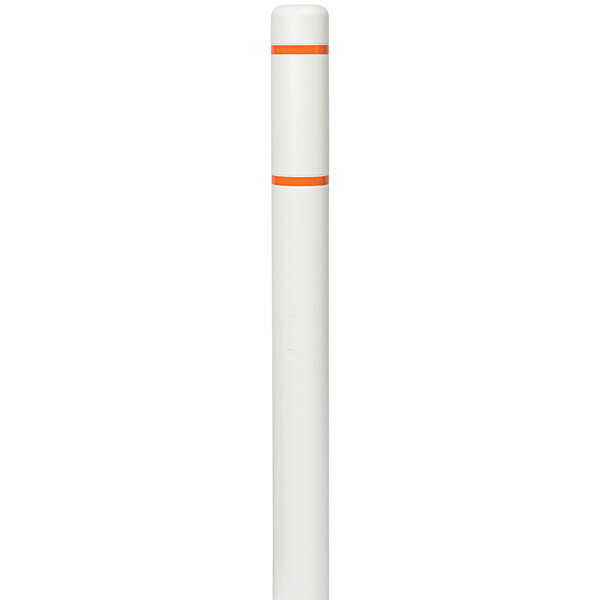 A white cylindrical Innoplast BollardGard with orange reflective stripes.