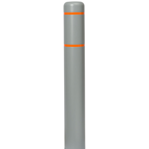 An Innoplast grey bollard cover with orange stripes.
