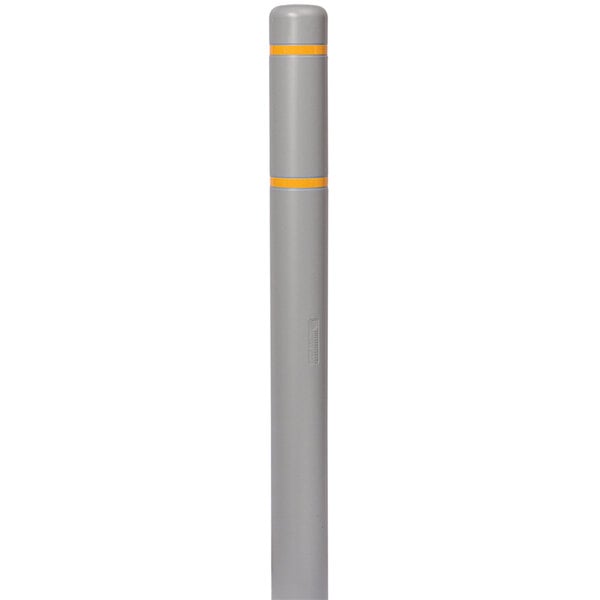 An Innoplast grey bollard cover with yellow reflective stripes over a grey bollard.