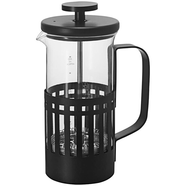 A black stainless steel and glass coffee maker with a Hario logo on the lid.