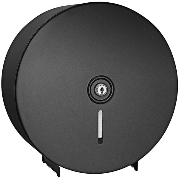 A matte black American Specialties, Inc. toilet paper roll holder with a keyhole.