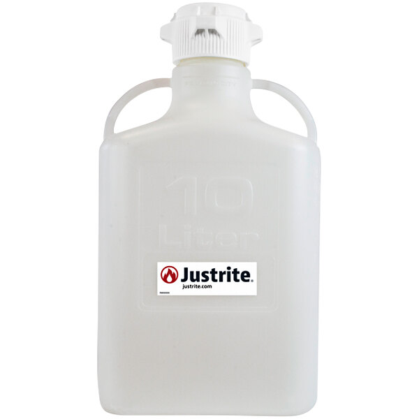 A white plastic Justrite carboy with a handle and white label.