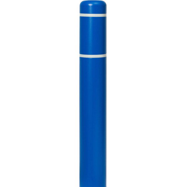 A blue cylindrical Innoplast BollardGard with white stripes.