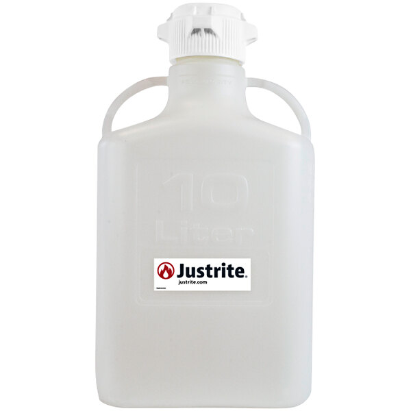 A white Justrite polypropylene carboy with a handle and black cap.