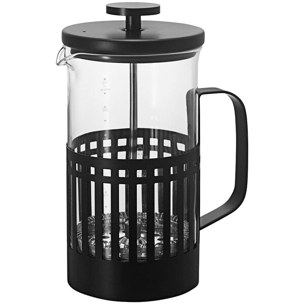 A black stainless steel and glass Hario Noir French Press with a black handle.