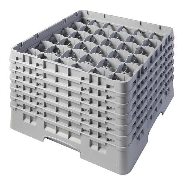 A soft gray plastic Cambro glass rack with 36 compartments and 6 extenders.