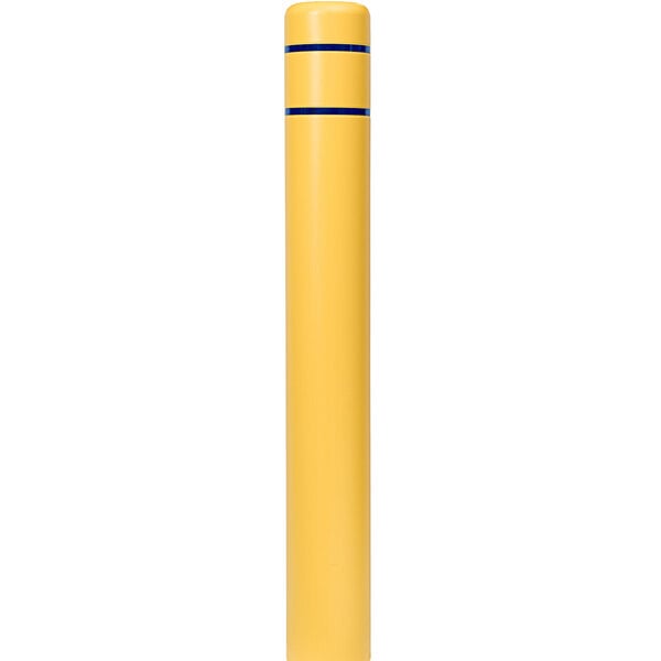 A yellow Innoplast BollardGard cover with blue reflective stripes over a pole.