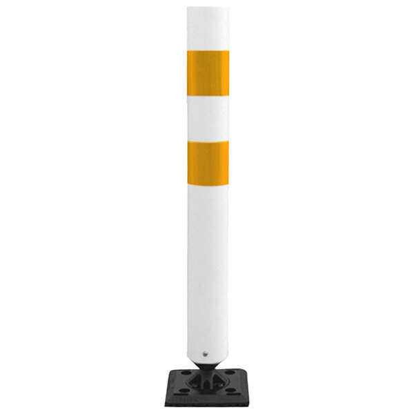 A close up of an Innoplast white flexible bollard with yellow reflective stripes and base.