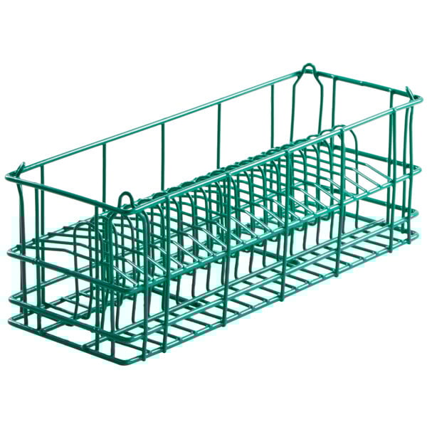 A green Microwire catering plate rack with 24 compartments.