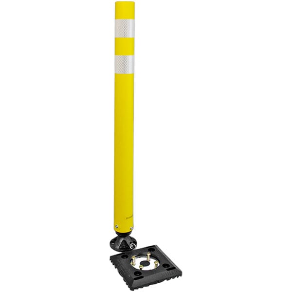 A yellow Innoplast Tuff Post with white reflective stripes and a black base.