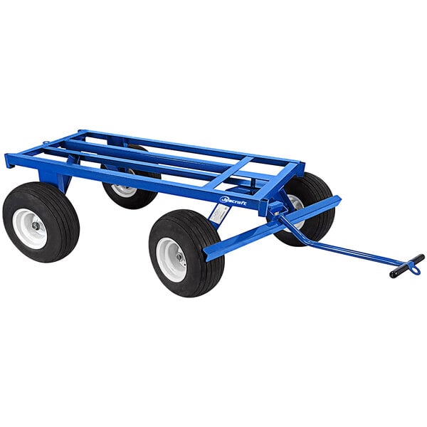 A blue metal Jescraft trailer with black wheels.