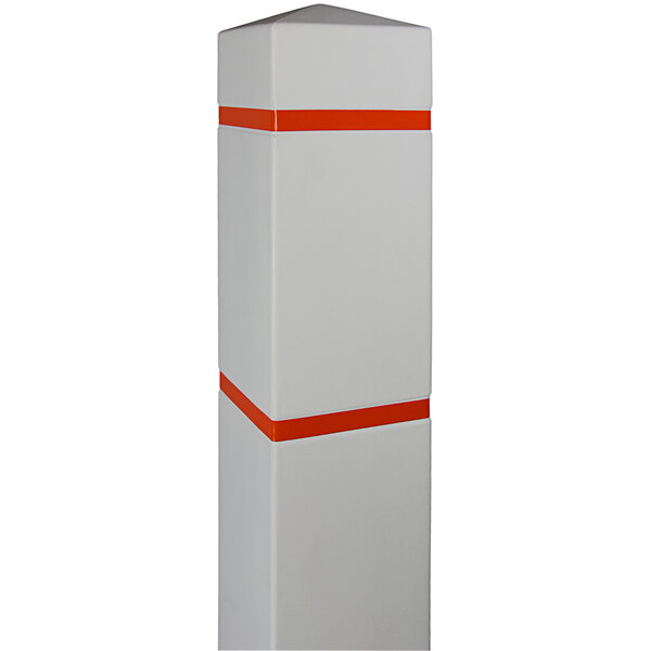 A white Innoplast square bollard cover with orange reflective stripes.