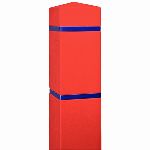 A red bollard cover with blue reflective stripes.