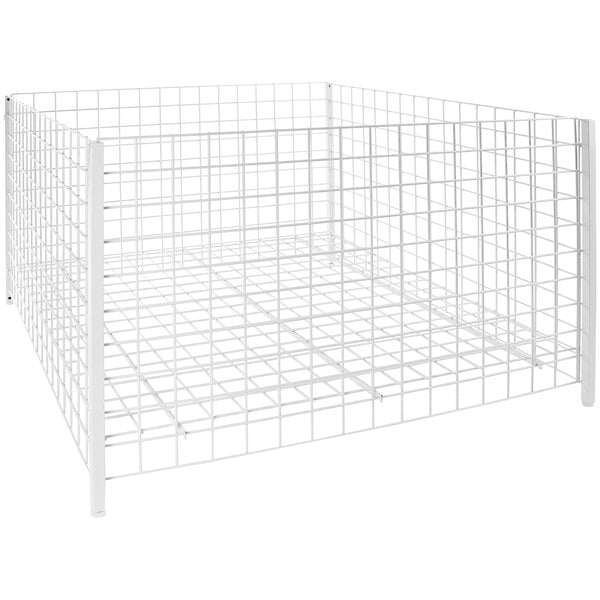 A white wire mesh box with a grid shelf.