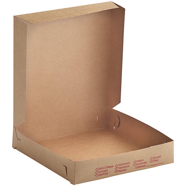 A Choice cardboard pizza box with a lid open.