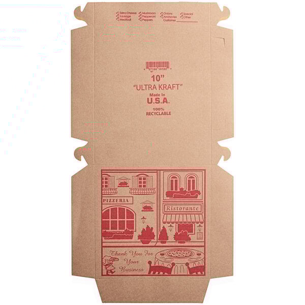 A brown cardboard pizza box with red text.